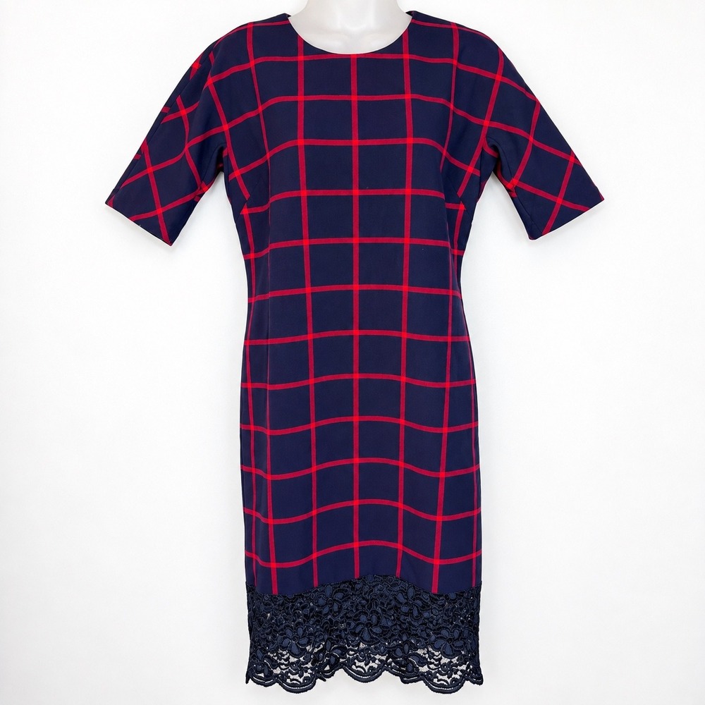 Michael Michael Kors MacIntosh Dress 6 Navy Red Windowpane Plaid Lace Hem